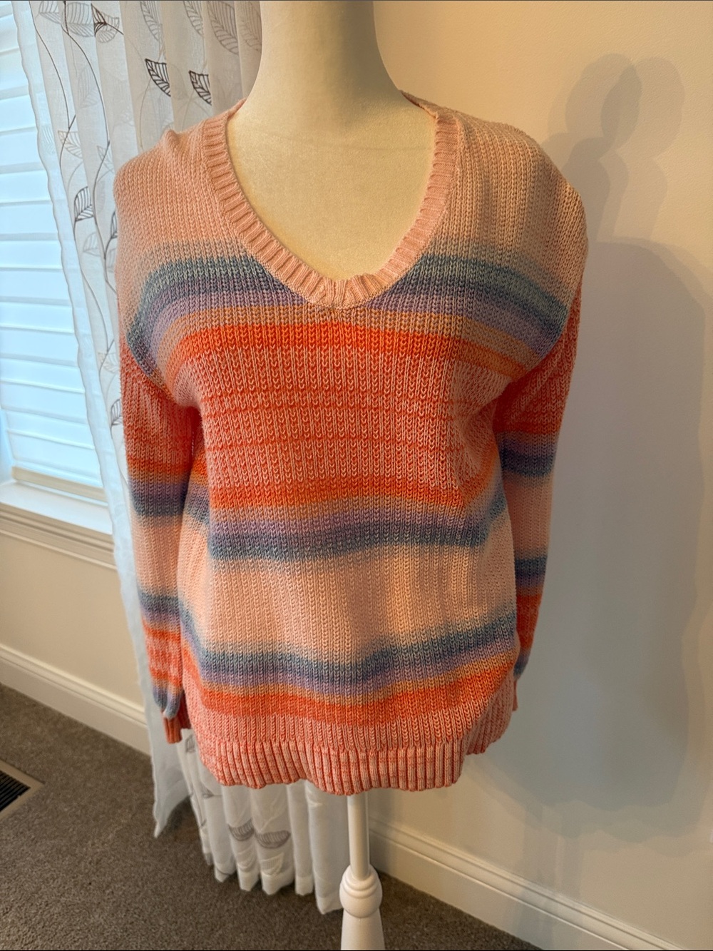 LOFT Striped V-Neck Sweater in Pink, Orange and Blue